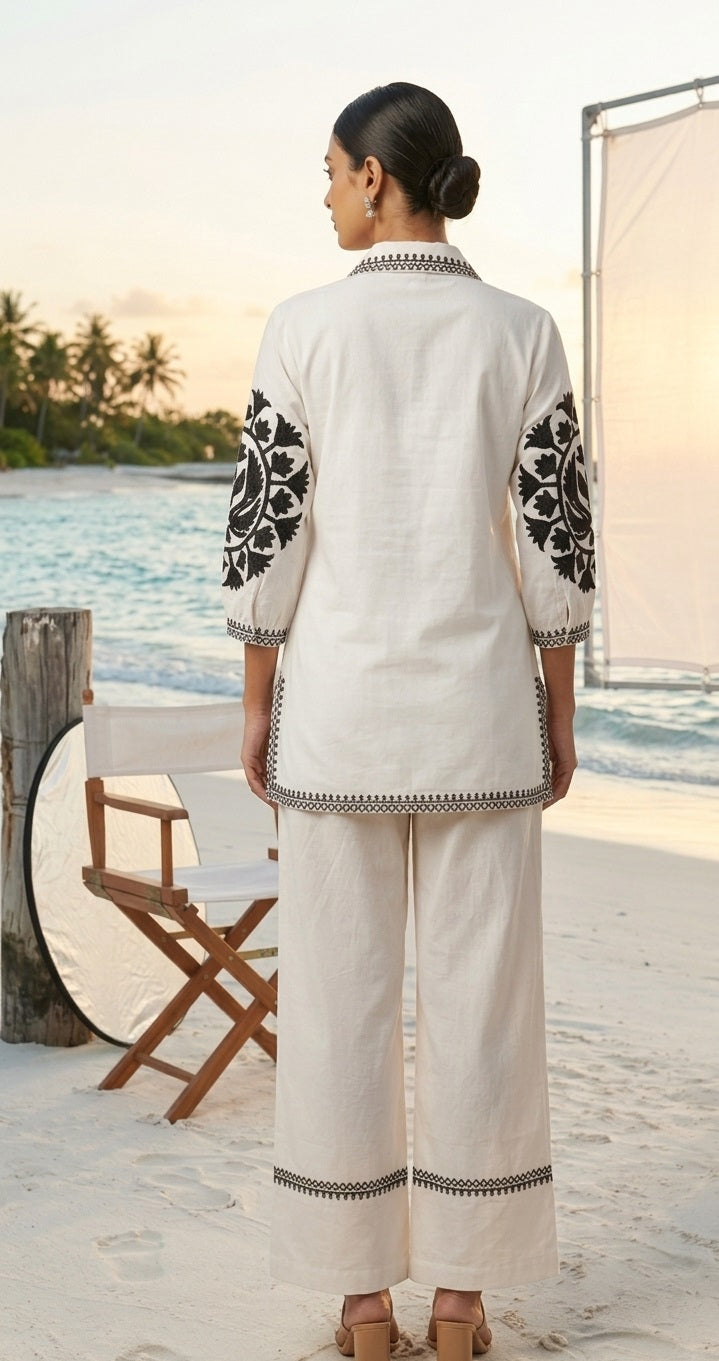 Divena White Solid Black Embroidary Co-ords Sets