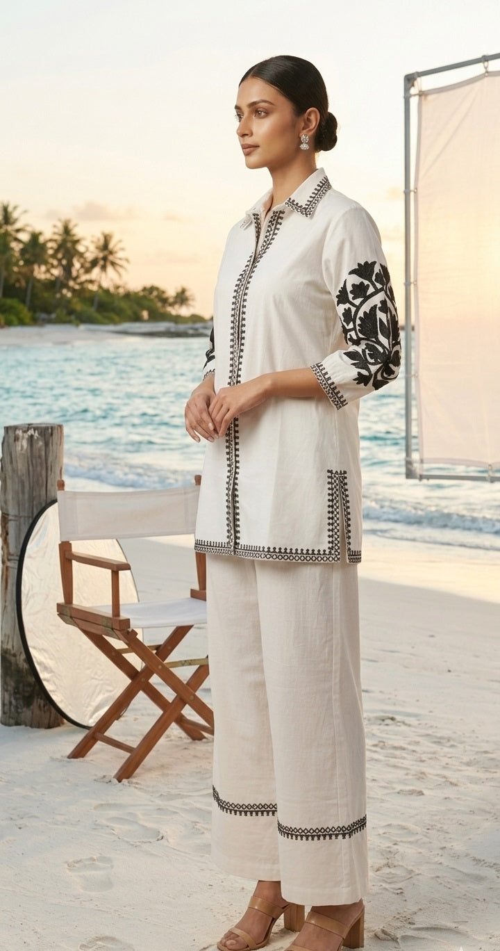 Divena White Solid Black Embroidary Co-ords Sets
