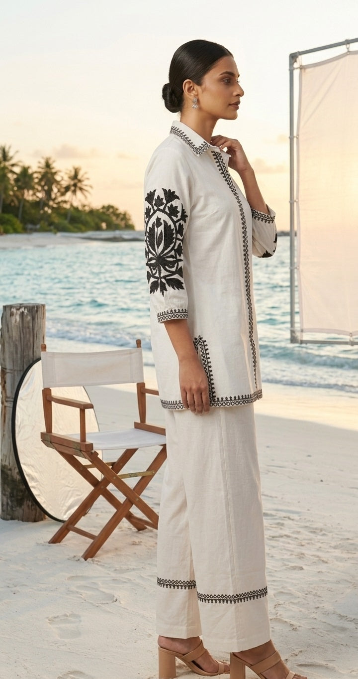 Divena White Solid Black Embroidary Co-ords Sets