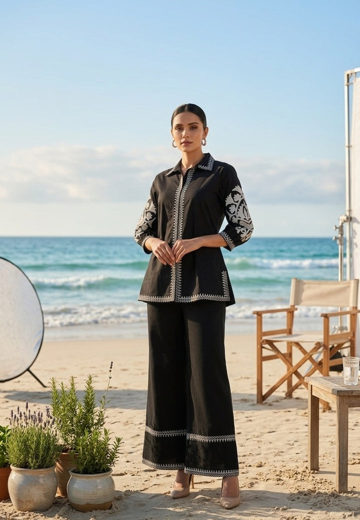 Divena Black Solid White Embroidary Co-ords Sets