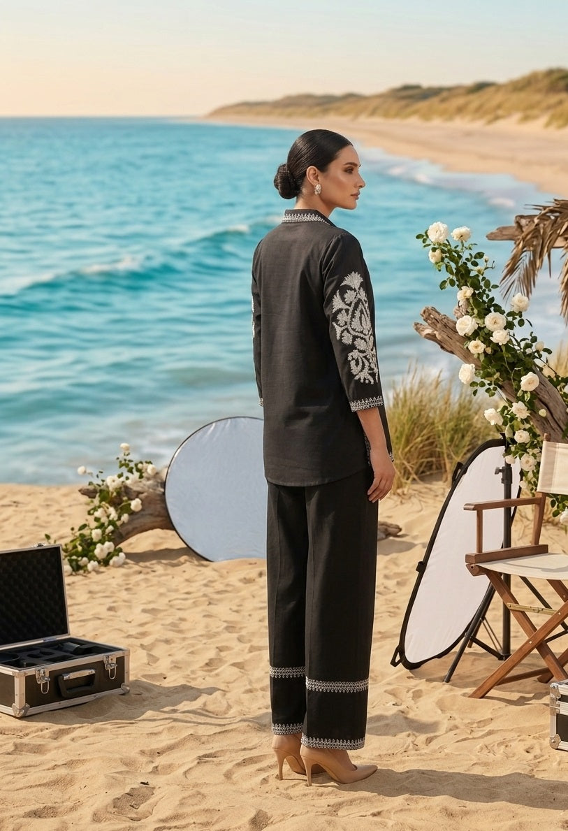 Divena Black Solid White Embroidary Co-ords Sets