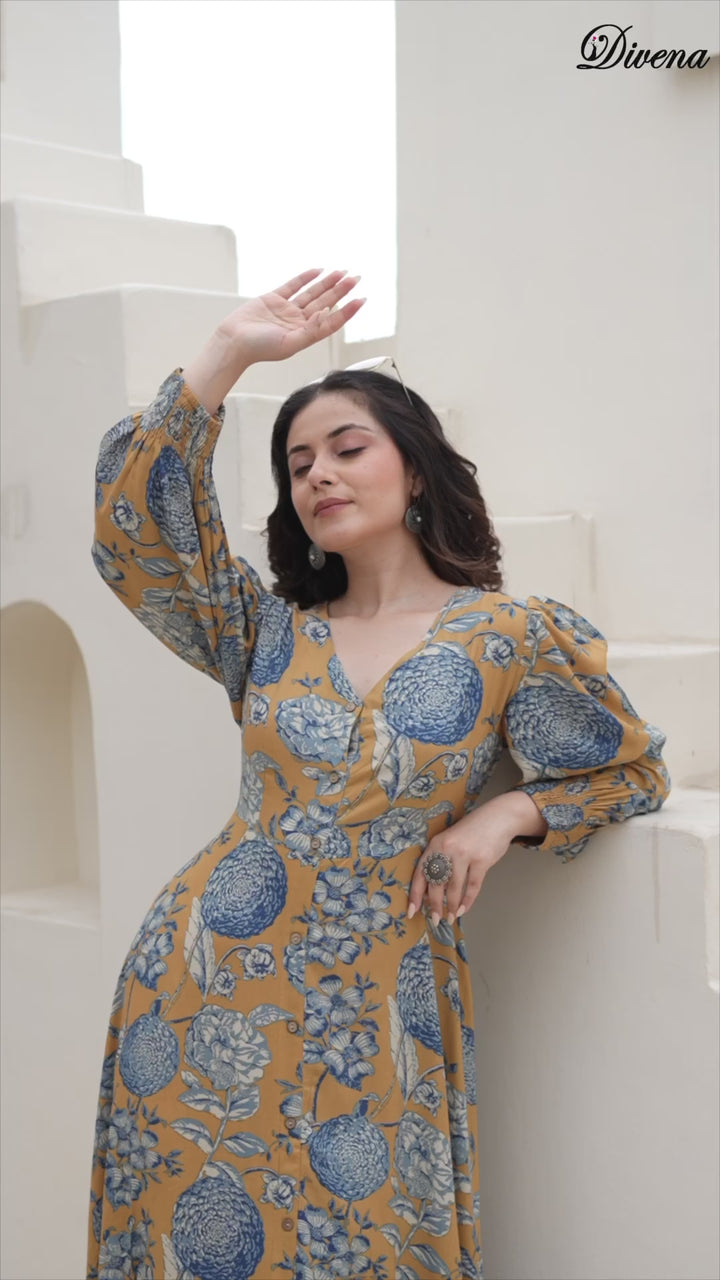 Divena Mustard Rayon Flare Dress