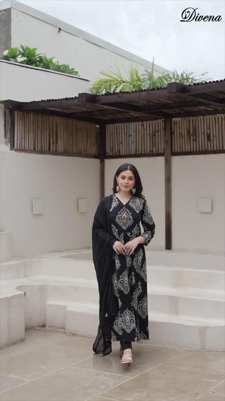 Divena Black Cotton Anarkali kurta Pant Set with Dupatta