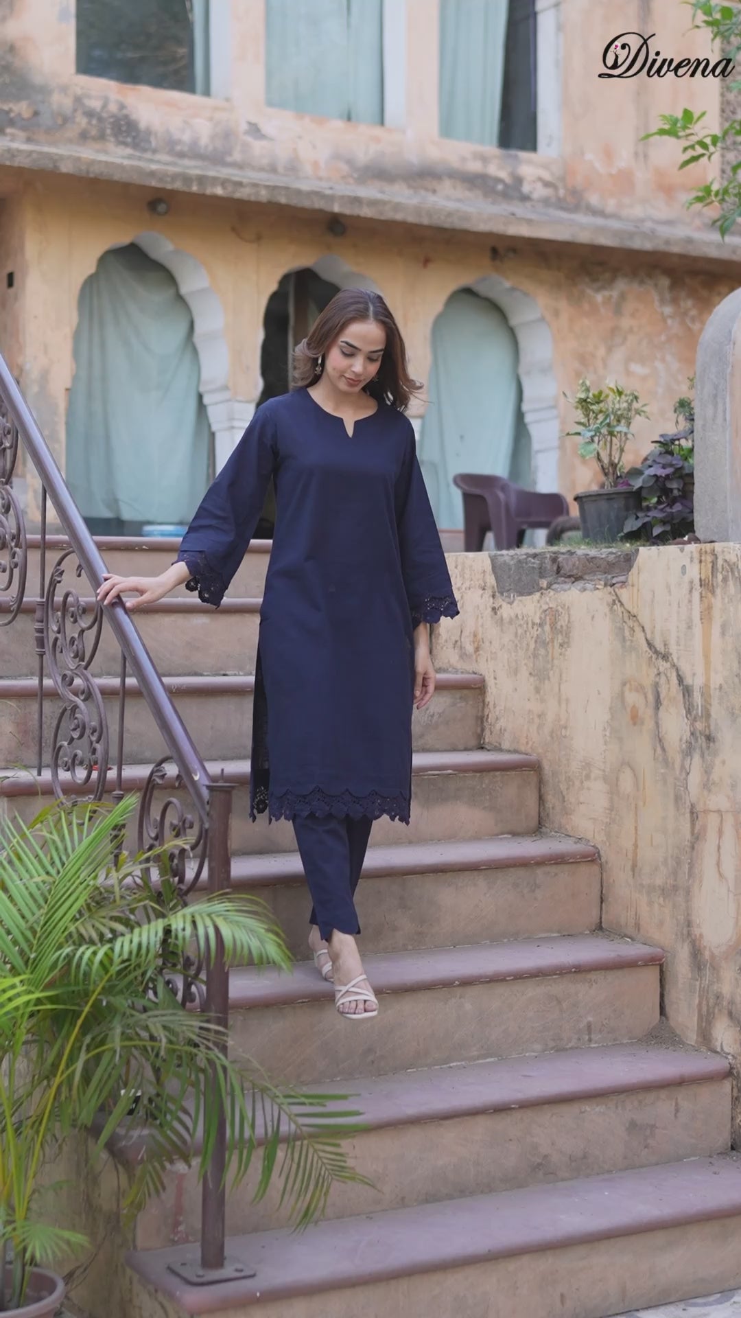 Divena Navy Blue Cotton Straight Fit Lace Border Kurta with Trouser