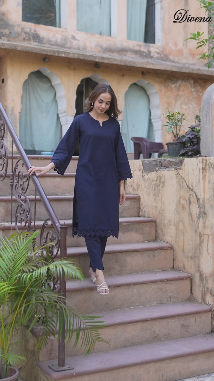 Divena Navy Blue Cotton Straight Fit Lace Border Kurta with Trouser