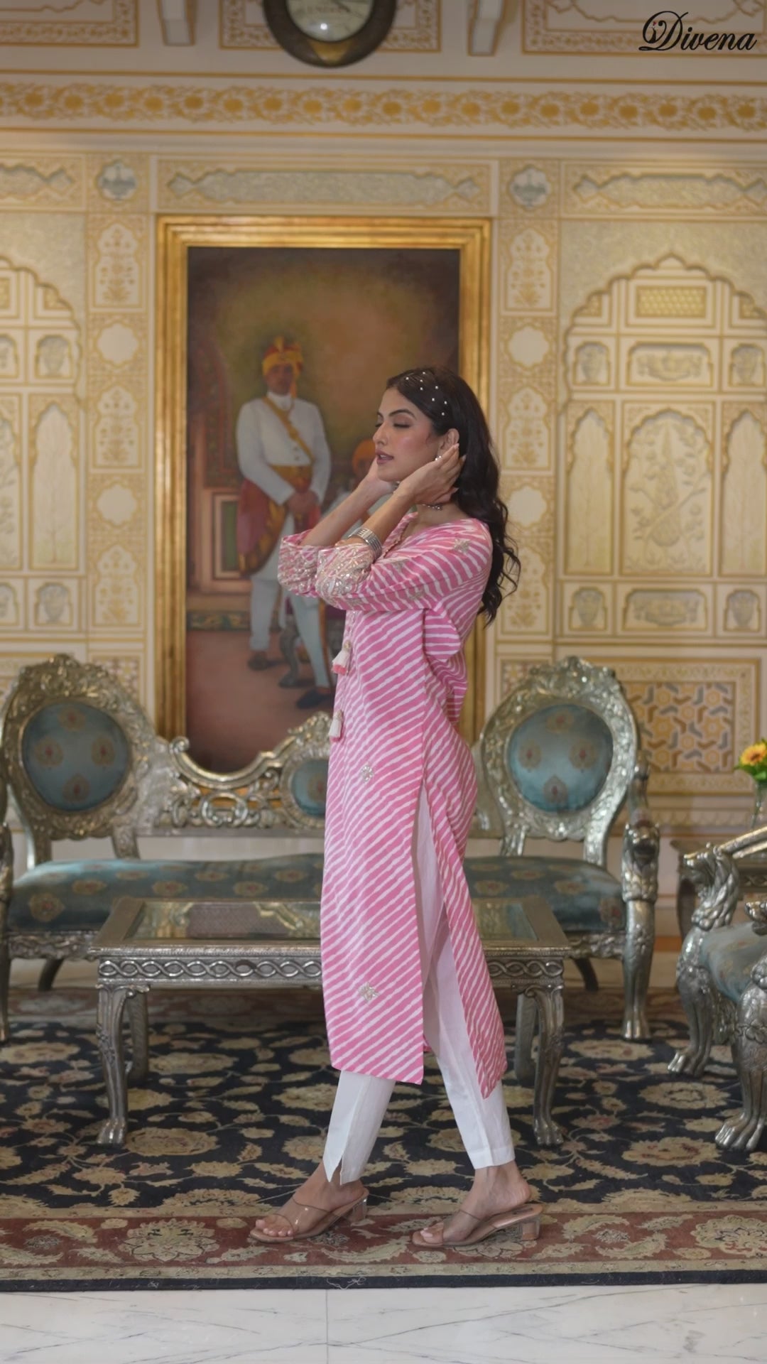 Divena Peach Leheriya Print Embroidered Pure Cotton Straight Kurta