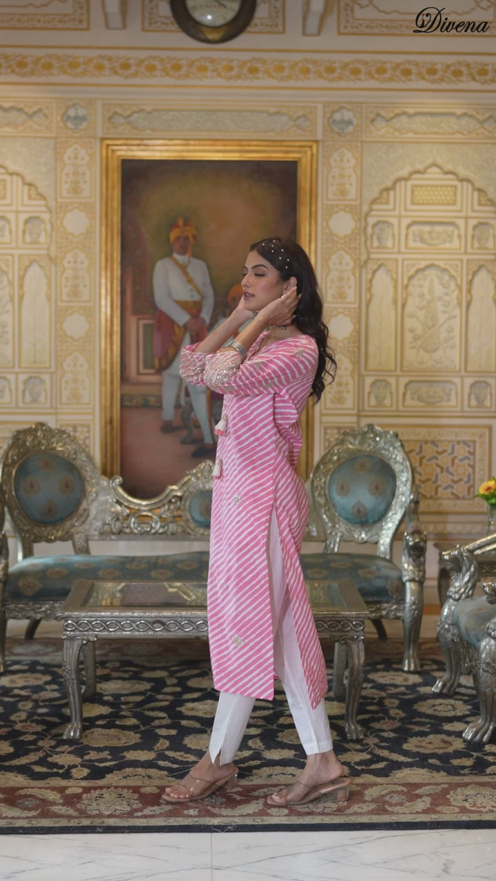 Divena Peach Leheriya Print Embroidered Pure Cotton Straight Kurta
