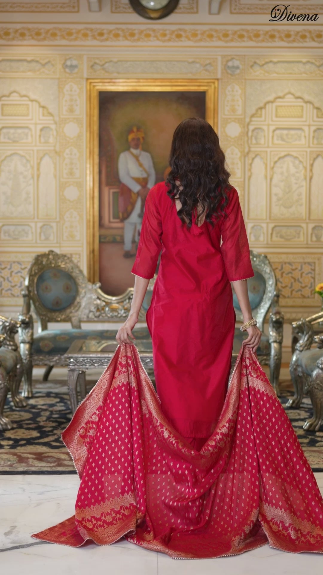 Divena Red Embroidered Chanderi Silk Kurta pants with Banarashi Dupatta