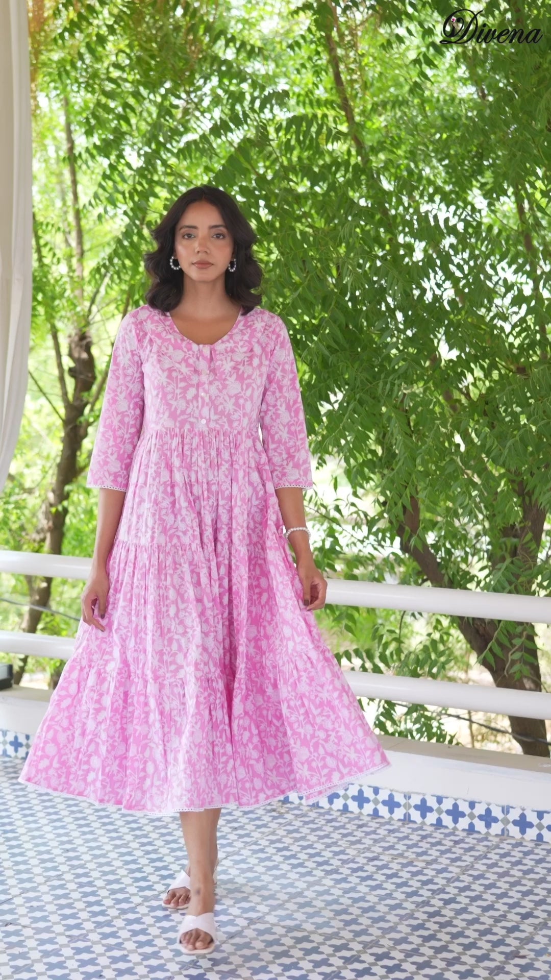 Divena Pink Floral Printed Collar Neck Calf length Cotton dress for Women