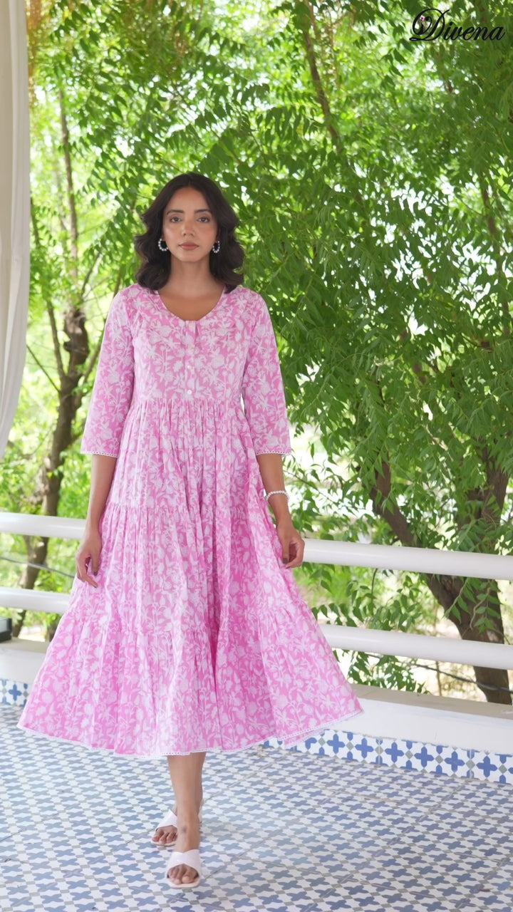 Divena Pink Floral Printed Collar Neck Calf length Cotton dress for Women