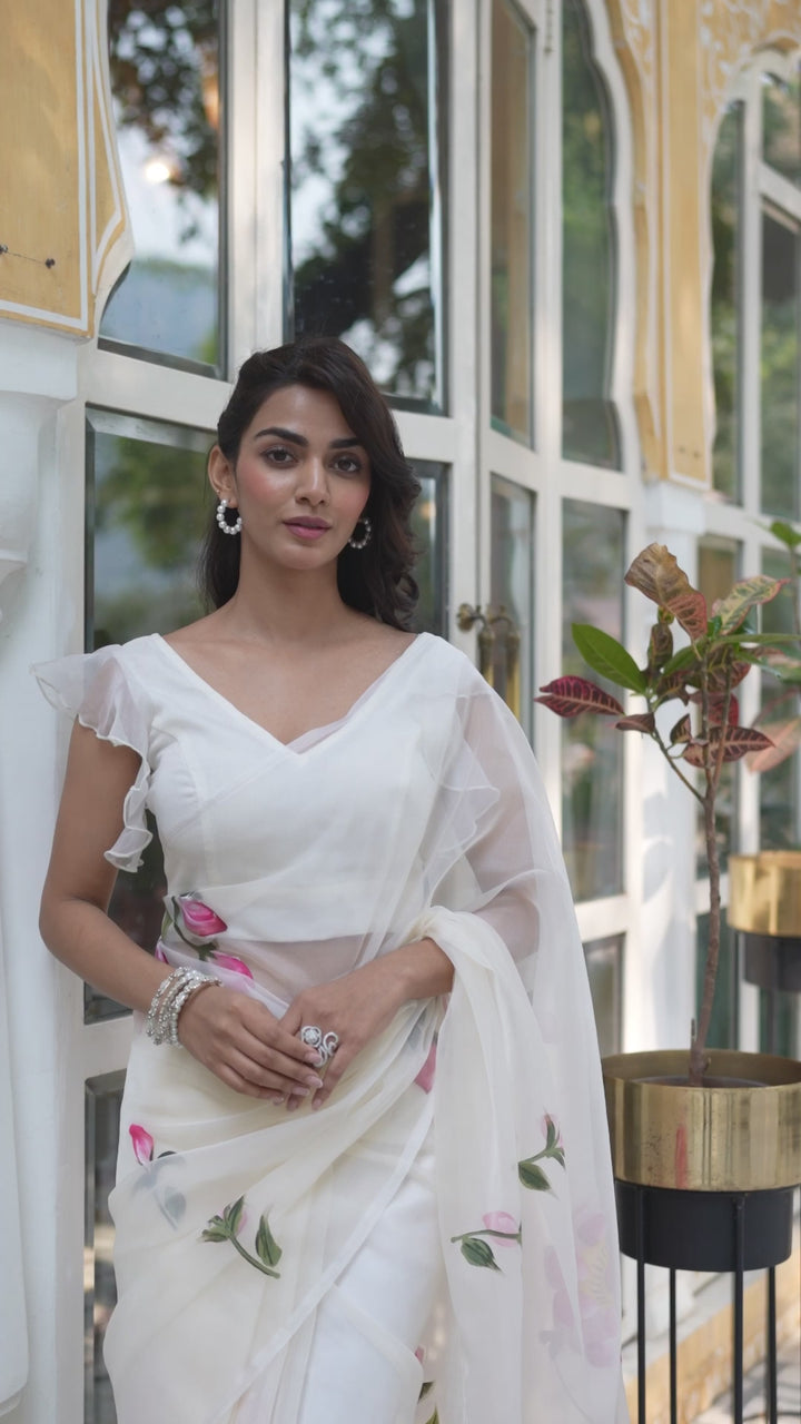 Divena Cream Hand-painted Organza Saree