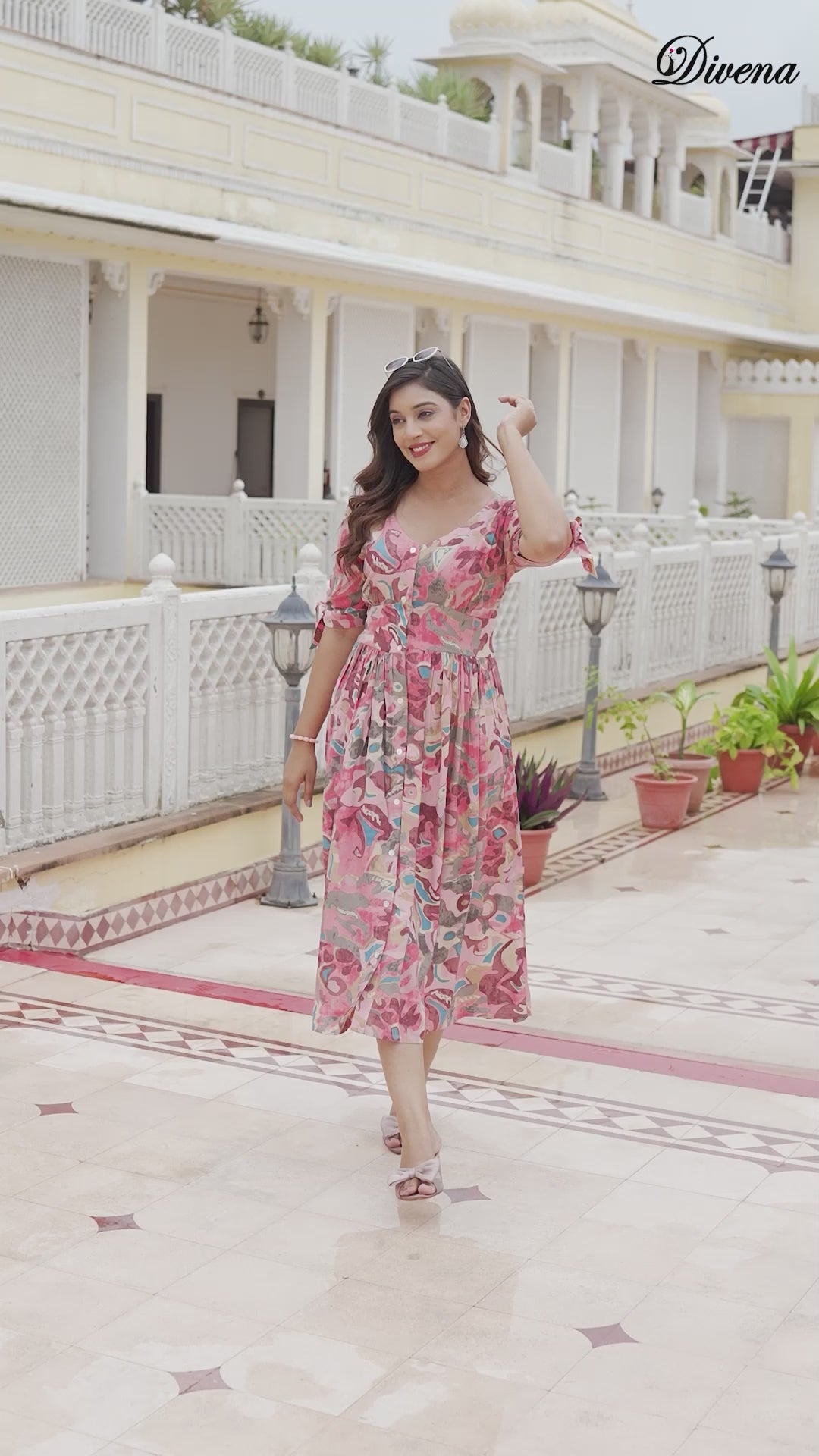 Divena Pink Rayon Flare Midi Dress