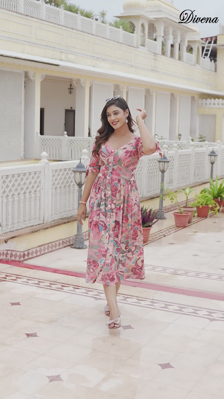 Divena Pink Rayon Flare Midi Dress