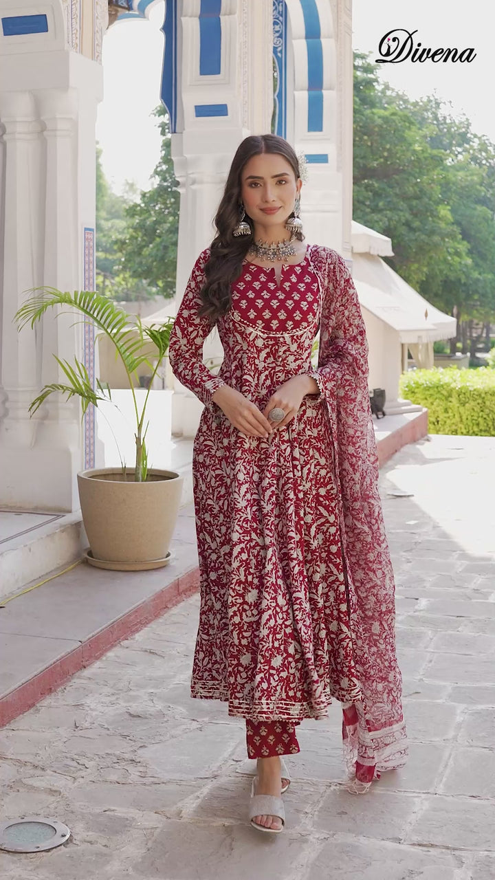 Divena Maroon Floral Printed Anarkali Cotton Kurta Trouser with Dupatta Set