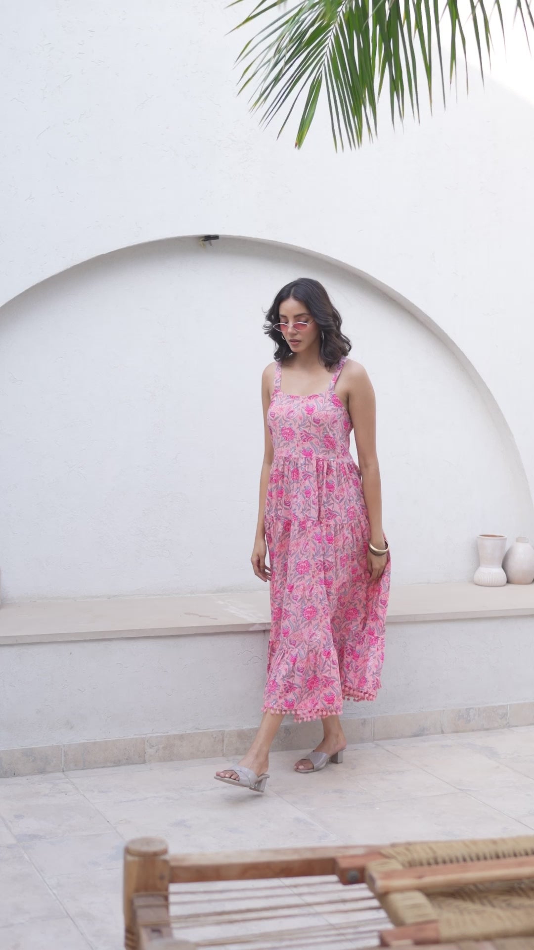 Divena Pink Floral Printed Shoulder Strip Calf Long Ethnic Dress for Women