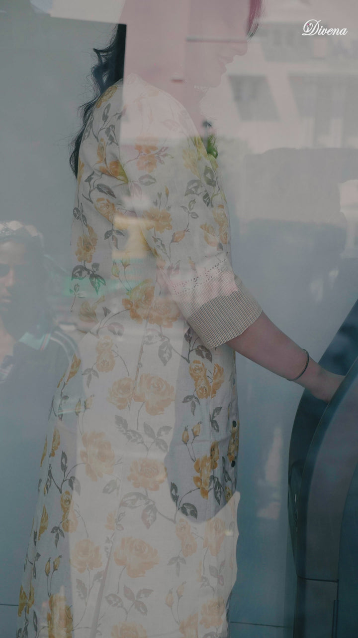 Divena Floral Print Yellow Cotton A-line Kurta