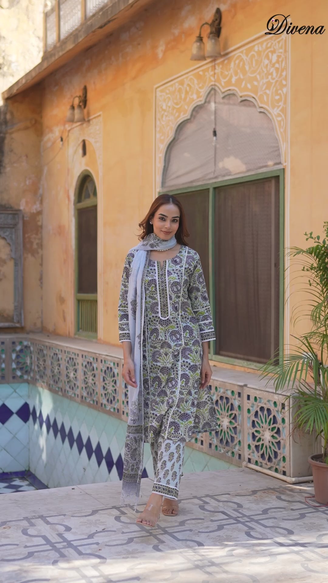 Divena Sea Green Cotton Hand Block Print Kurta Pant with Dupatta