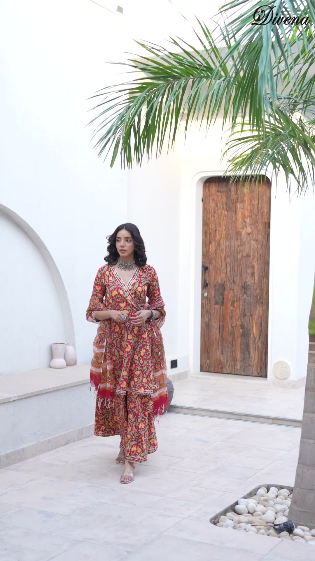Divena Maroon Floral Print Cotton Angarkha Kurta Gharara Set for women