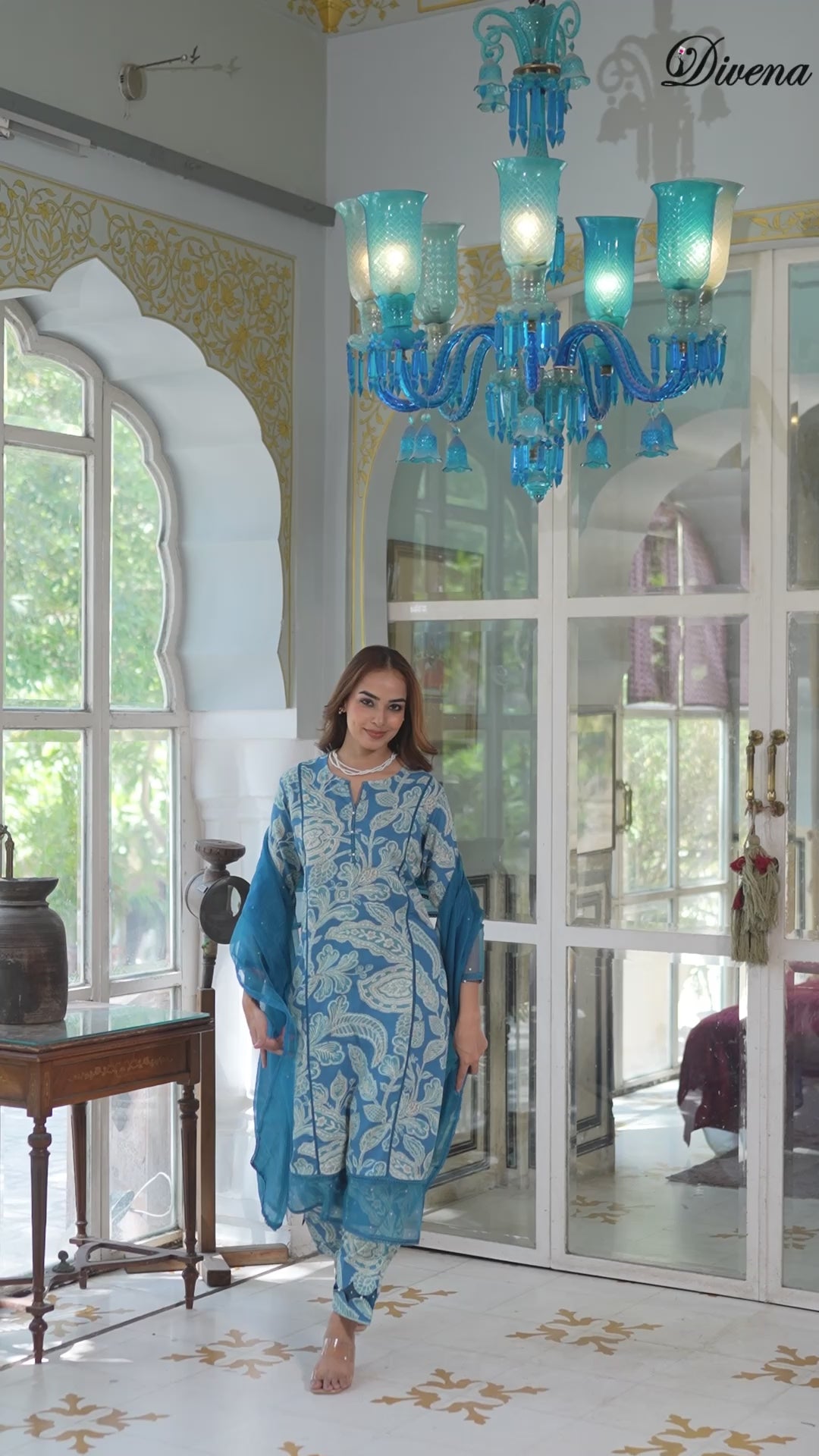 Divena Blue Rayon Floral Printed Kurta Pant with Dupatta