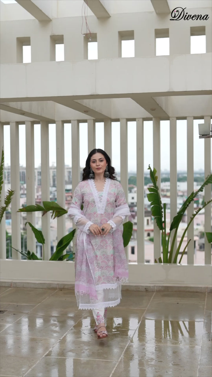 Divena White Cotton Hand Block Straight Kurta Pant Sets With Dupatta