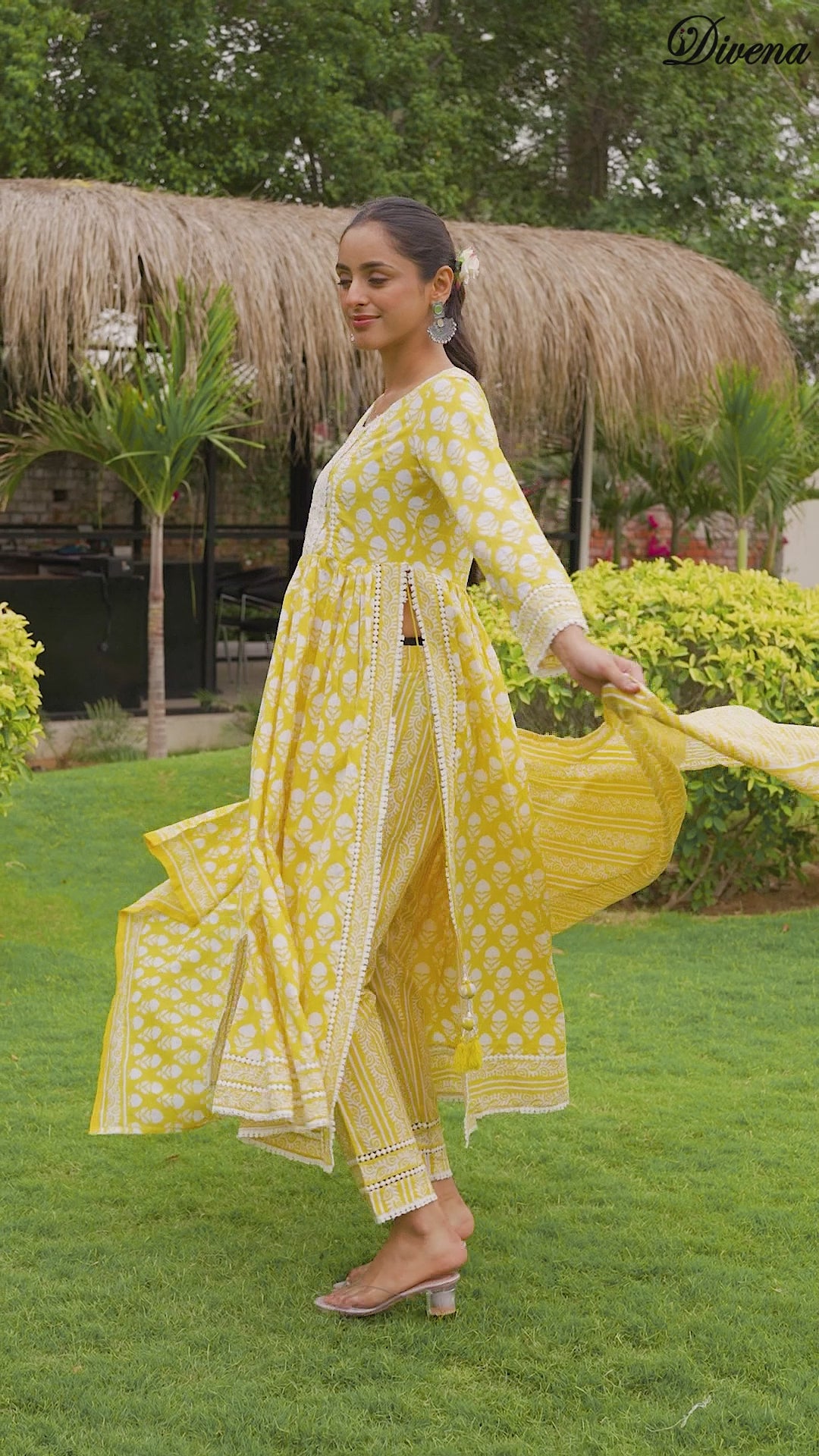 Divena Yellow Floral Print Cotton Kurta Pants with Dupatta set for women