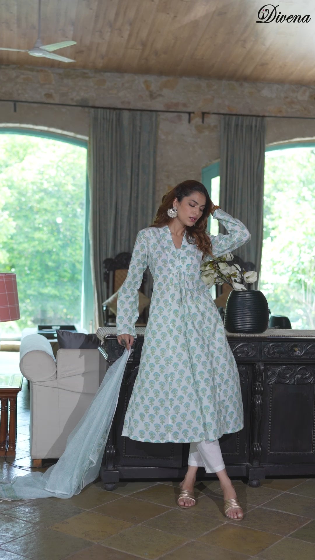 Divena White & Green Floral Handblock Printed Cotton Anarkali  Kurta Set