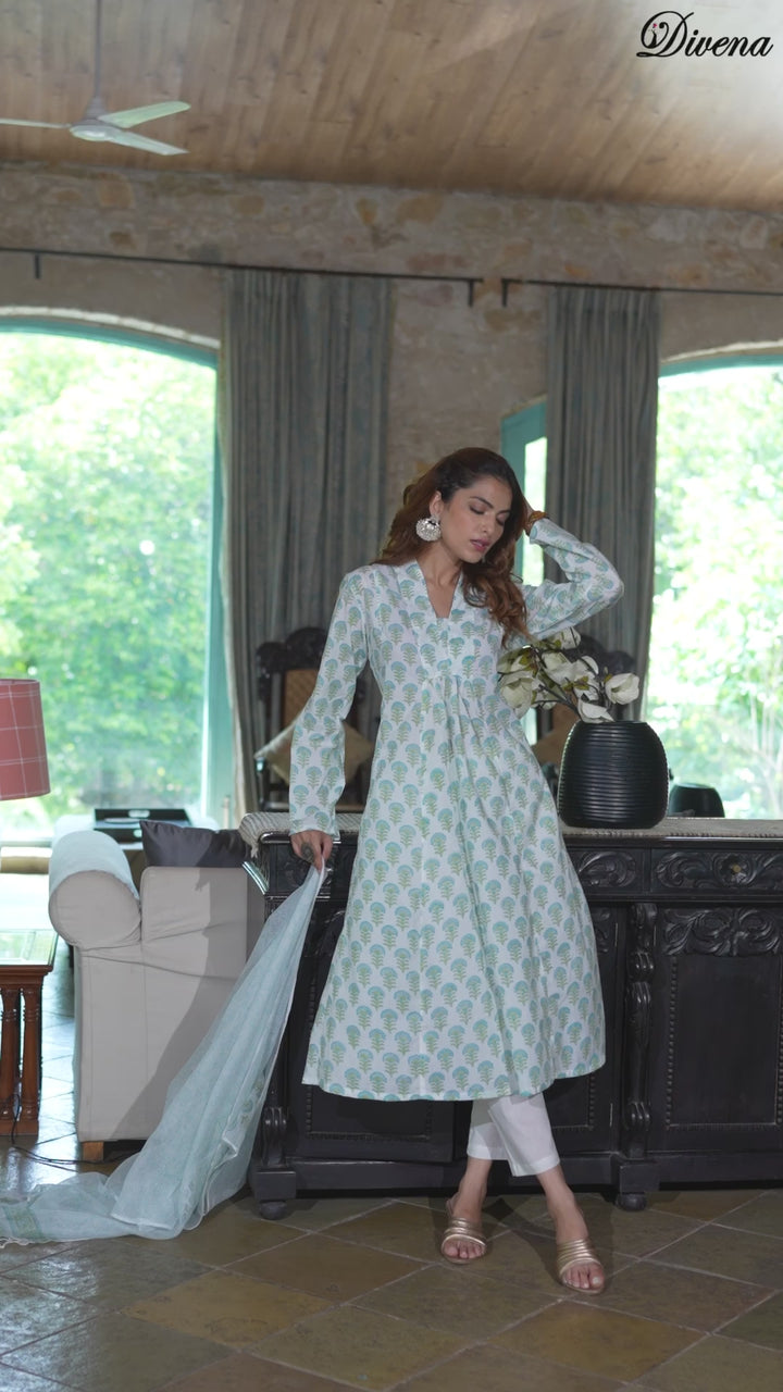 Divena White & Green Floral Handblock Printed Cotton Anarkali  Kurta Set