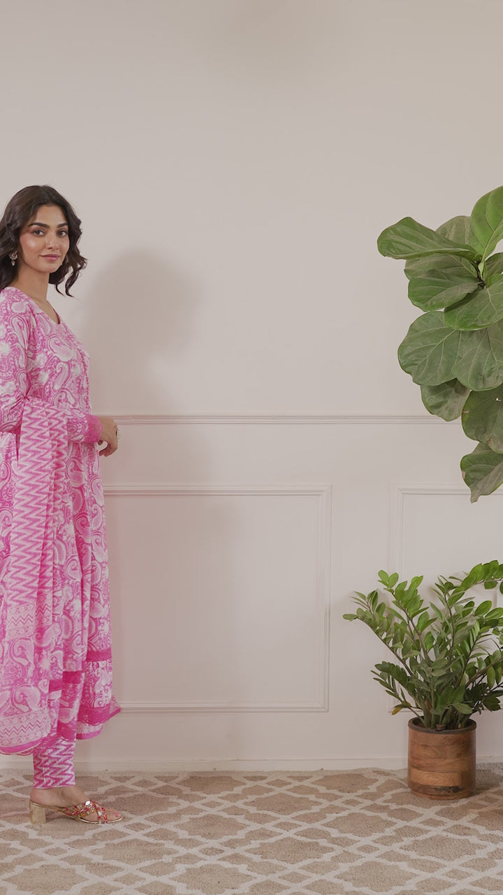 Divena Pink Floral Print Cotton Anarkali Kurta Trouser with Dupatta Set