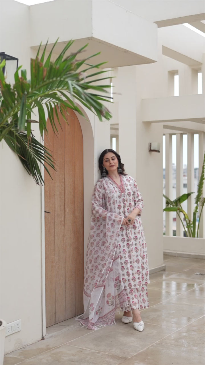 Divena White Cotton Hand Block A-Line Kurta Pant Sets With Dupatta