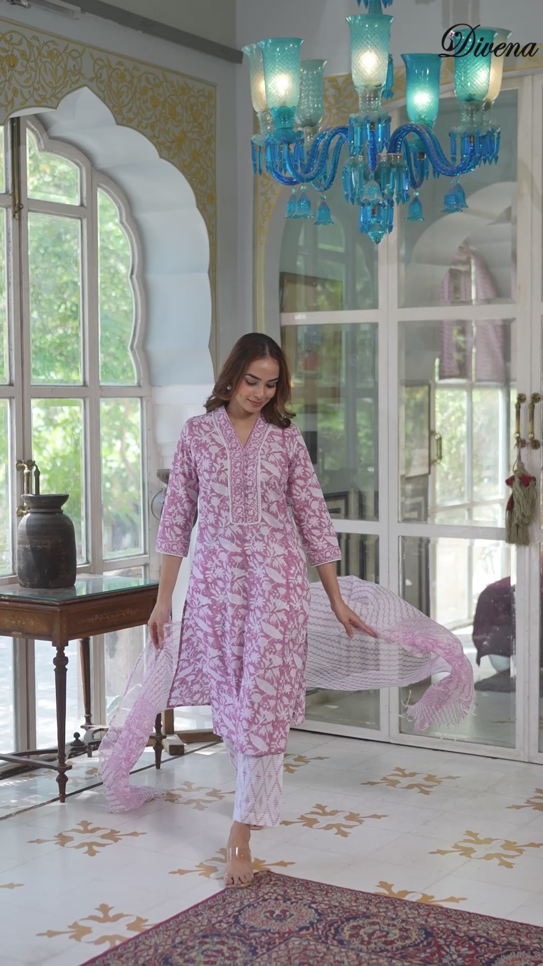 Divena White & Pink Cotton Block Print Kurta Pant with Dupatta