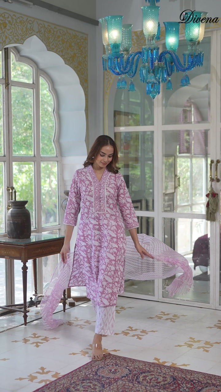 Divena White & Pink Cotton Block Print Kurta Pant with Dupatta