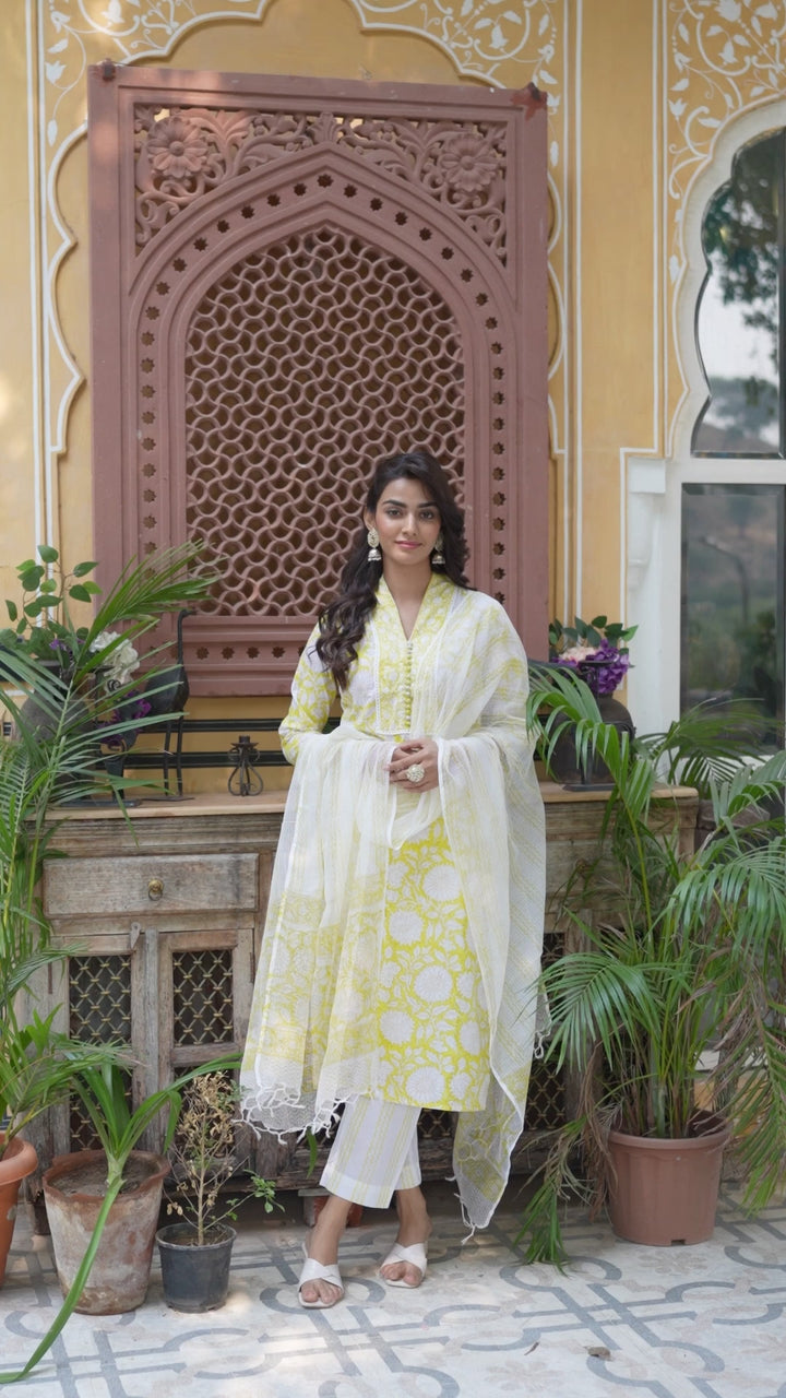 Divena Yellow Hand Block Print Pure Cotton Straight Kurta Set