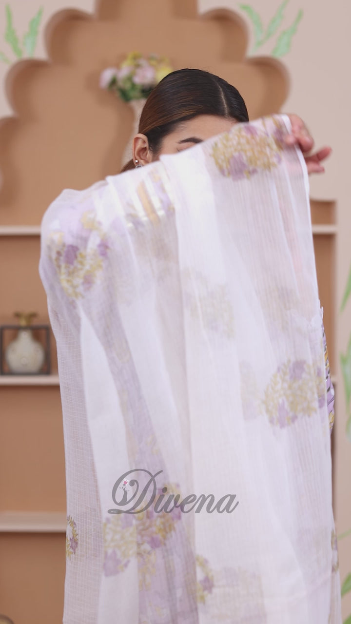 Divena Handblock Printed Lavender Anarkali Cotton Kurta With Trousers & Dupatta