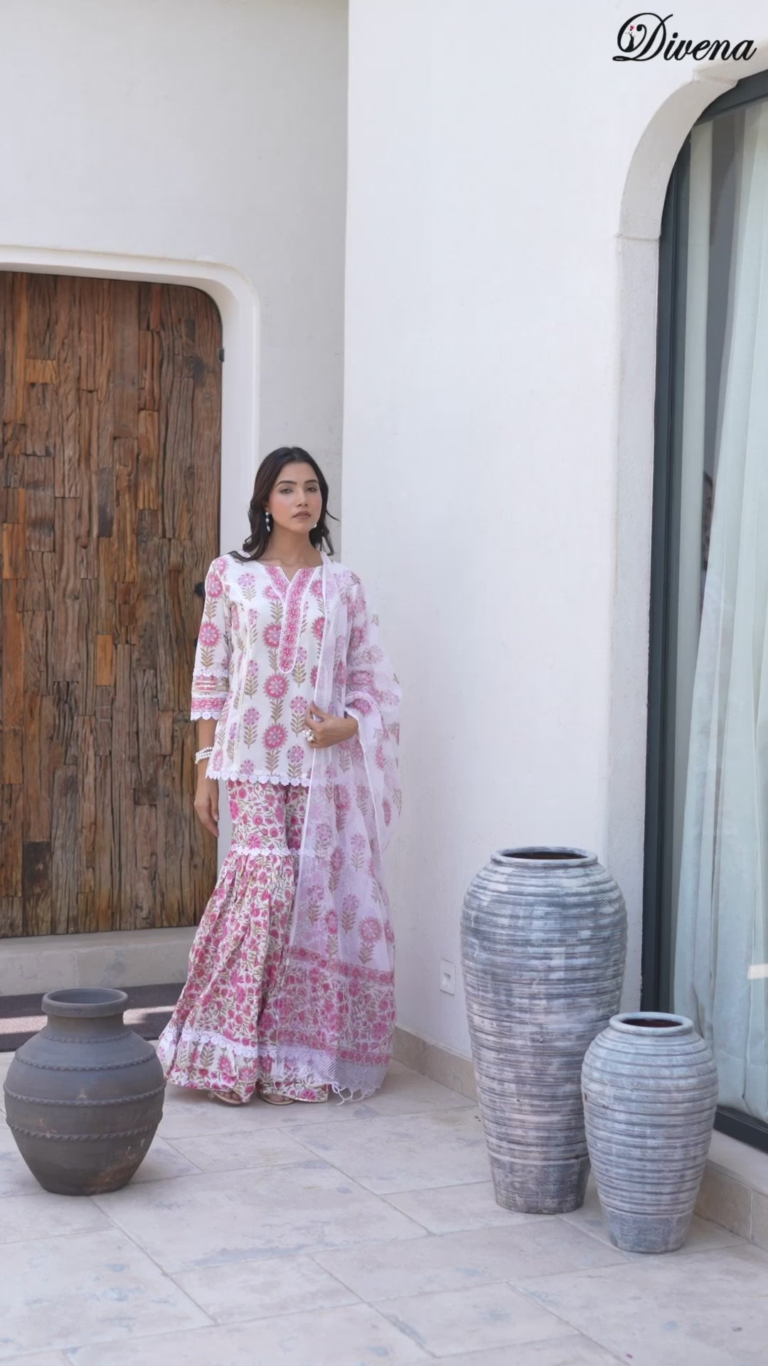 Divena White Floral Print Pure Cotton Kurta Sharara Set for Women