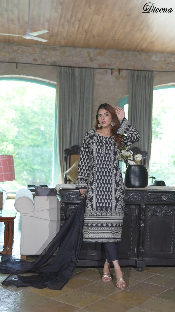 Divena Black Cotton Straight Fit Knee Long Kurta Set for Women