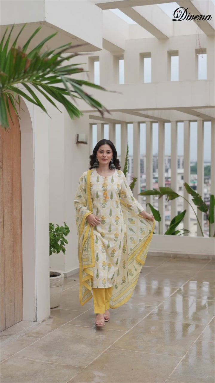Divena Yellow Cotton Straight Kurta Pant Set with Dupattta