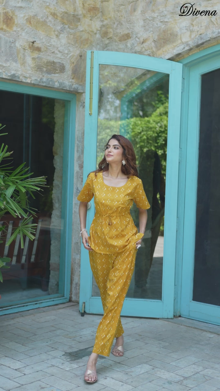 Divena Mustard Cotton A-line Night Suit with Adjustable Waist Dori