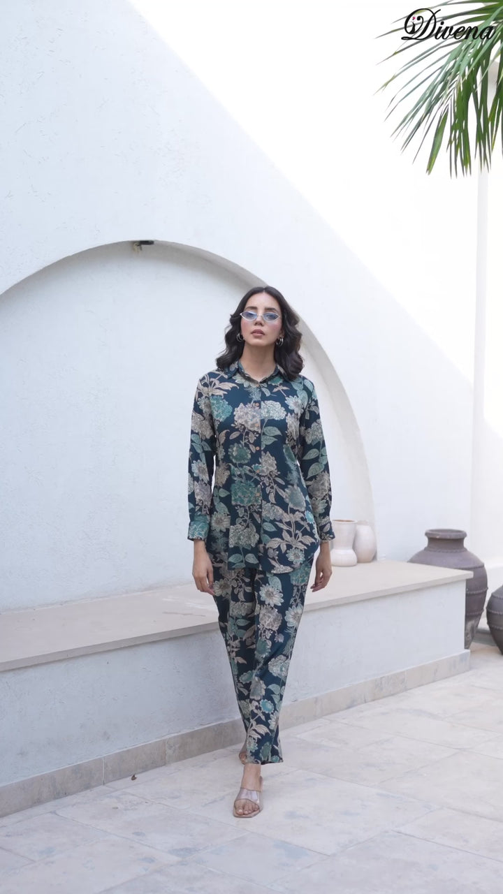 Divena Bottle green Floral Printed Rayon Co-ord Set for Women