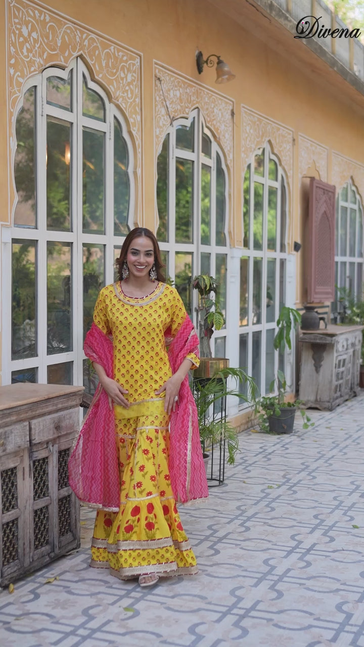 Divena Yellow Muslin Kurti Sharara with Dupatta