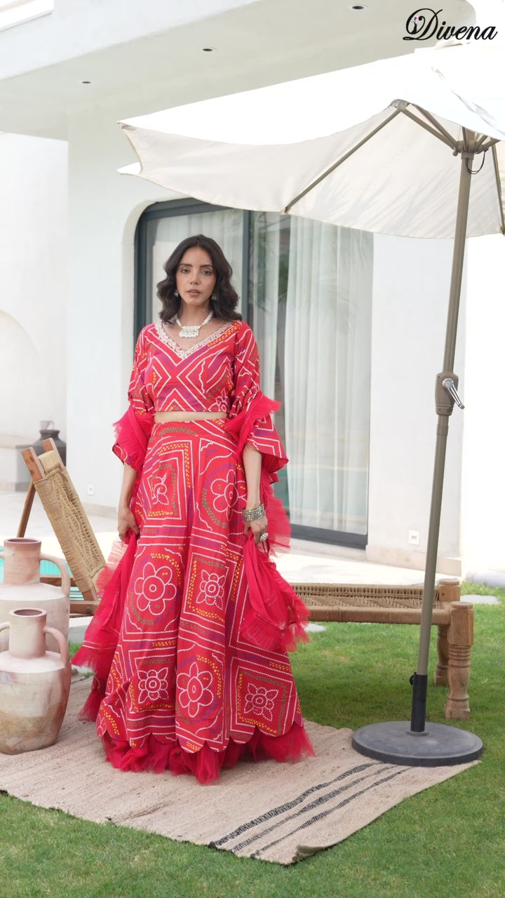 Divena Bandhani Printed Cotton Lehenga & Blouse With Dupatta