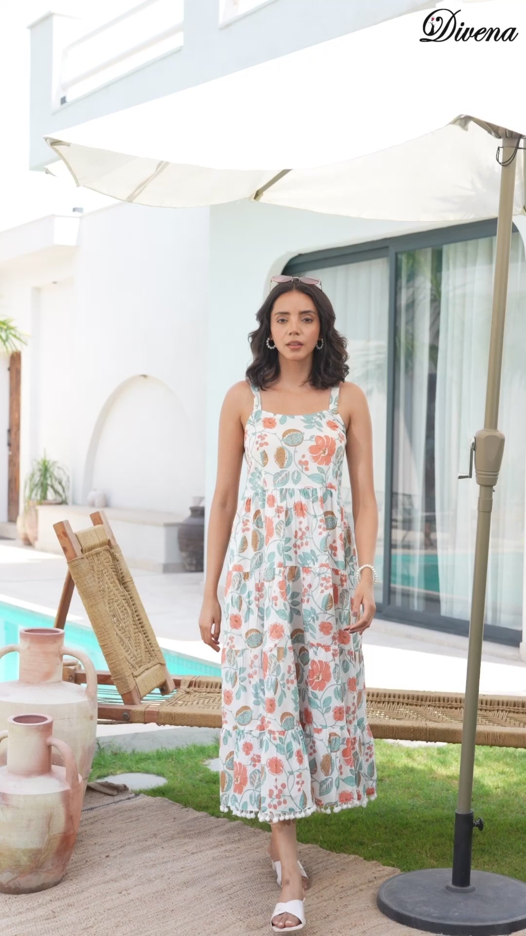 Divena White Floral Printed Shoulder Strip Calf Long Dress