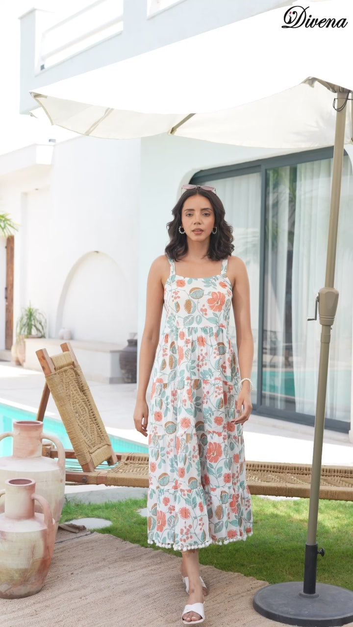 Divena White Floral Printed Shoulder Strip Calf Long Dress