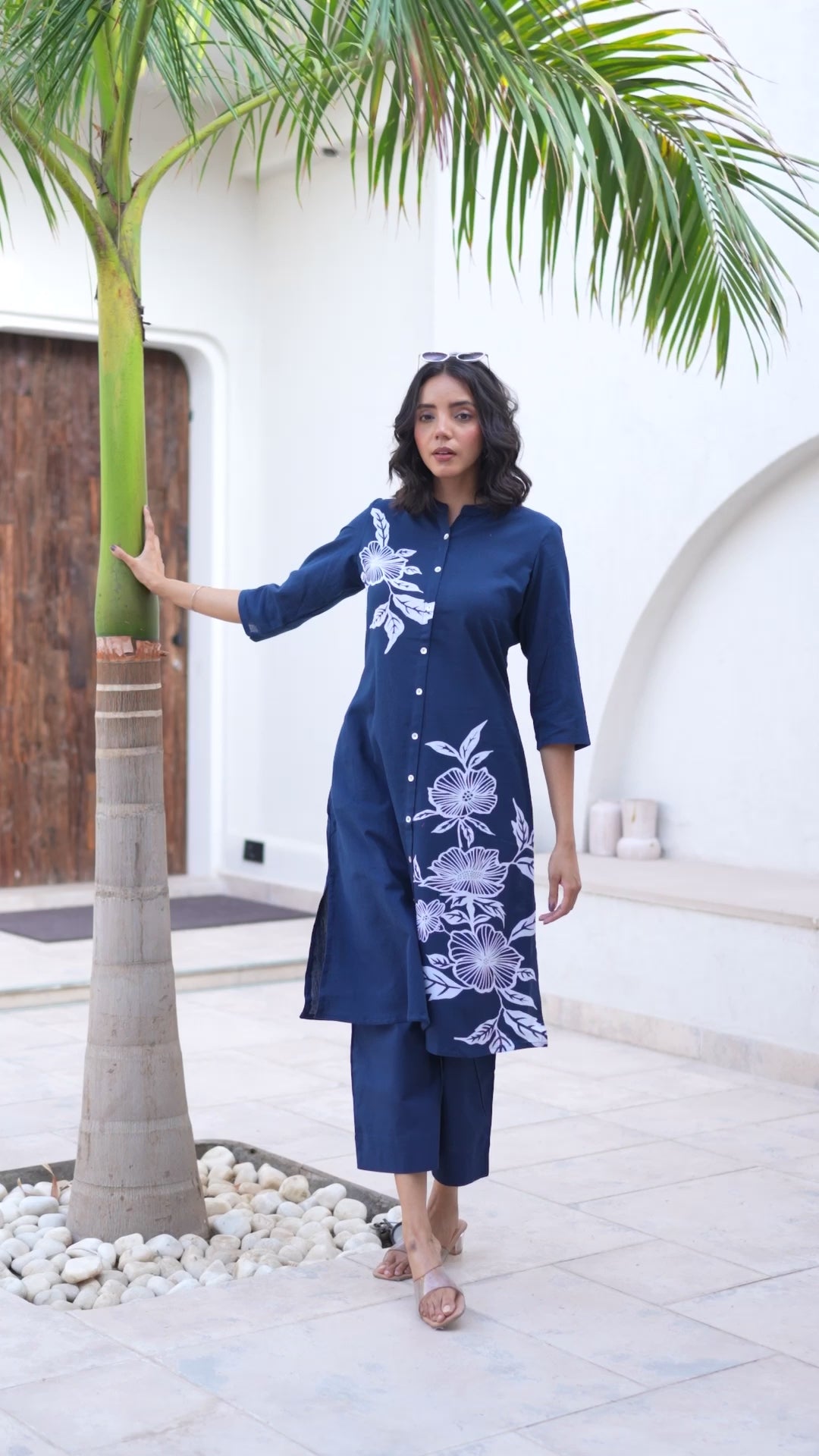 Divena Navy Blue Floral Printed Cotton A-line Fit Kurta Pant Set