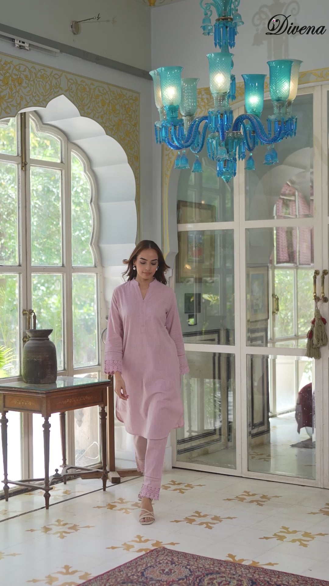 Divena Pink Solid Cotton Straight Fit Lace Border Kurta with Trouser