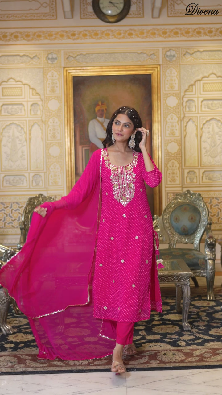 Divena Pink Leheriya Print Georgette Fabric Straight Kurta & Trouser with Dupatta