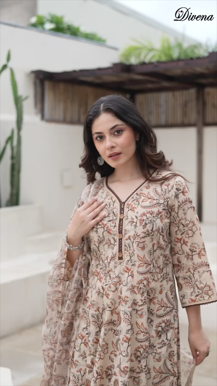 Divena Beige Cotton Hand Block Anarkali Kurta Pant Sets With Dupatta
