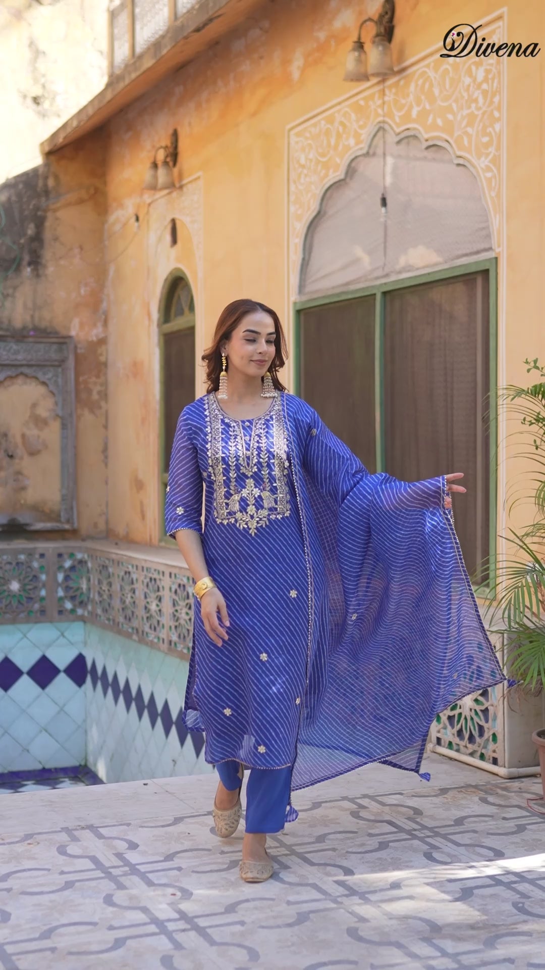 Divena Blue Leheriya Kota Doria Kurta Pant With Dupatta