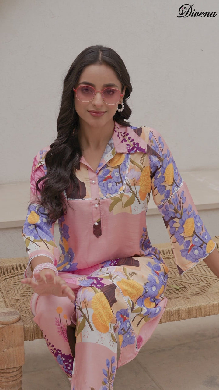 Divena Pink Multi Digital Printed Muslin Co-ord set