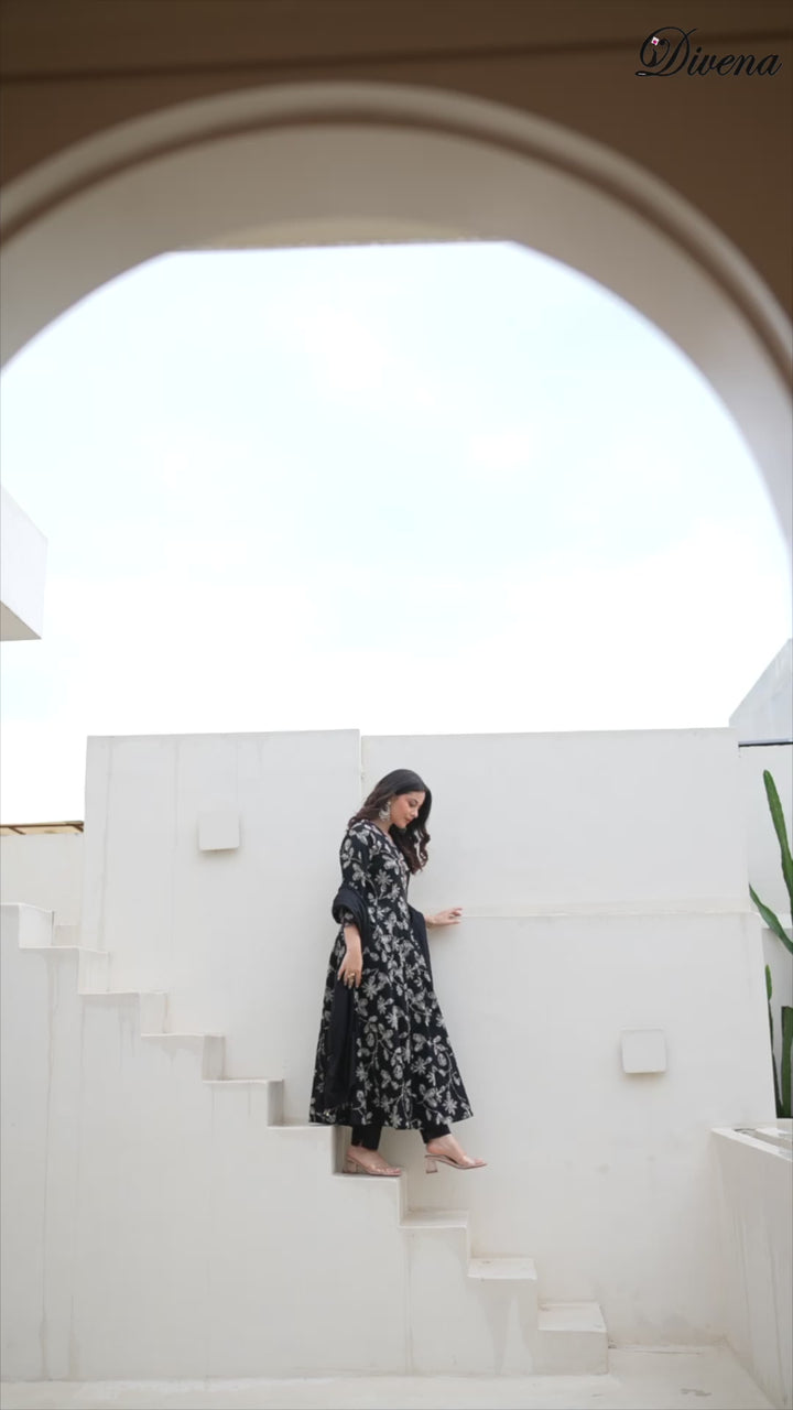 Divena Black Cotton Anarkali kurta Pant Set with Dupatta