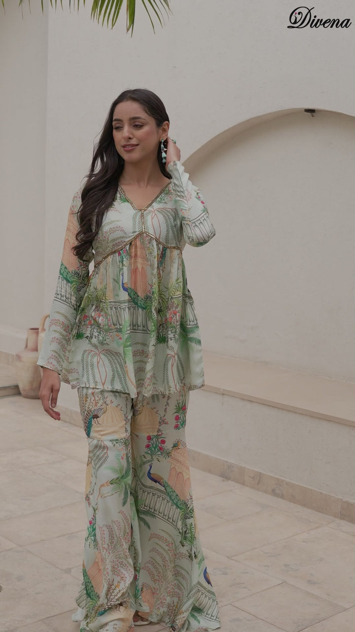 Divena Green Digital Printed Muslin Co-ord set